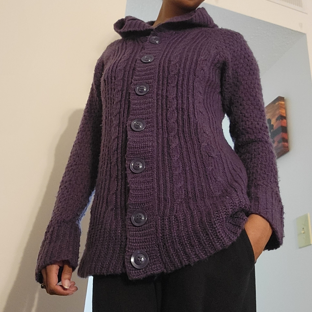 Purple Knit Hooded Cardigan